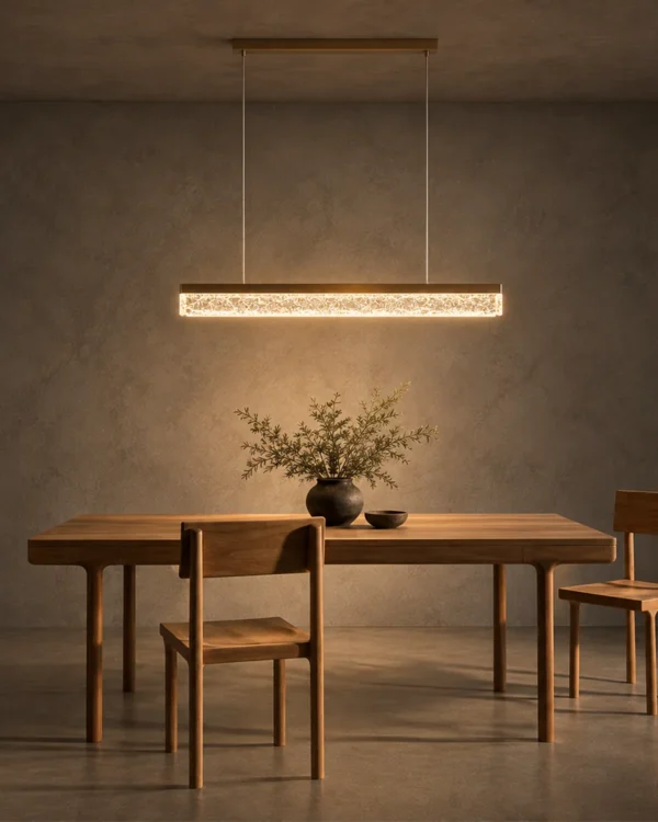 Valor Hanging linear chandelier above a modern dining table