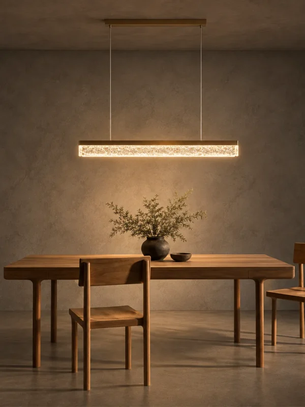 Valor Hanging linear chandelier above a modern dining table