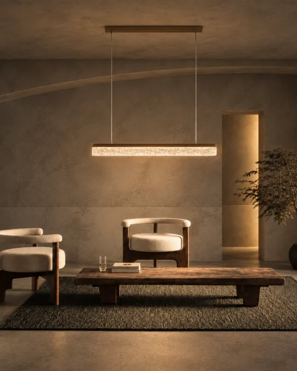 Valor Hanging coffee gold linear chandelier illuminating a contemporary interior