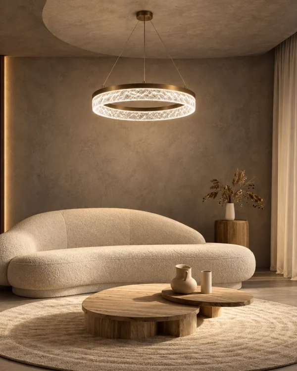 Valor Single coffee gold ring chandelier illuminating a contemporary living room
