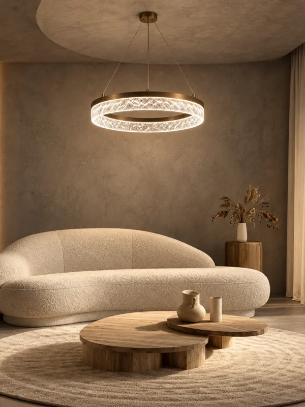 Valor Single coffee gold ring chandelier illuminating a contemporary living room