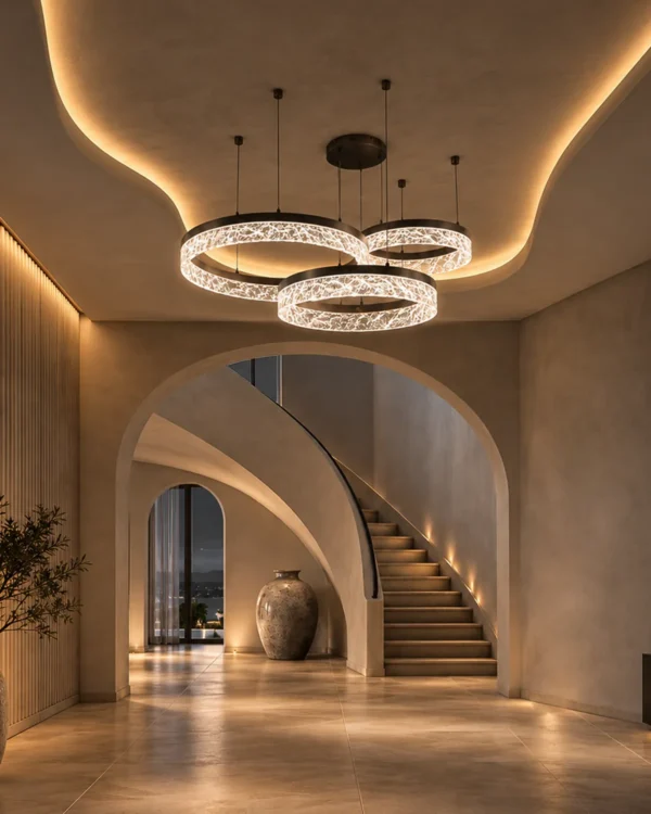 Valor Trio coffee gold three-ring chandelier illuminating a contemporary interior
