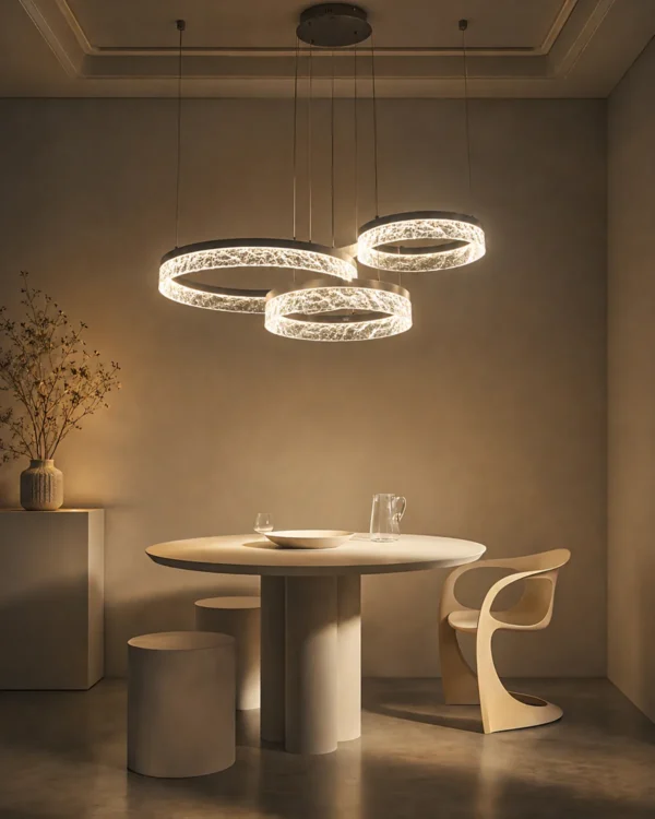 Valor Trio multi-ring chandelier above a modern dining table