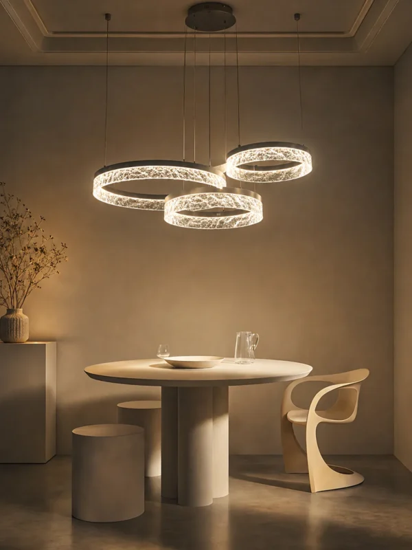 Valor Trio multi-ring chandelier above a modern dining table