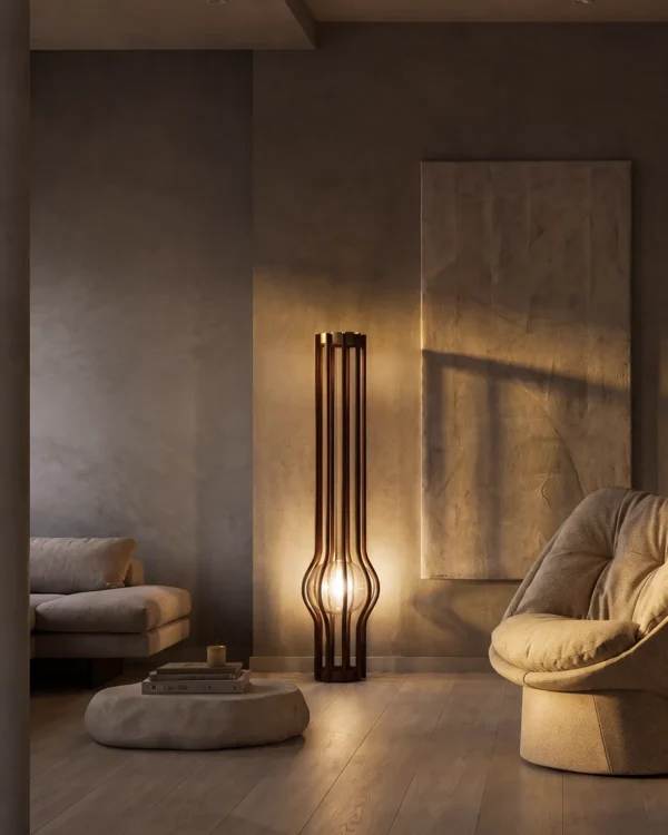 Zora walnut sculptural floor lamp illuminating a modern living room
