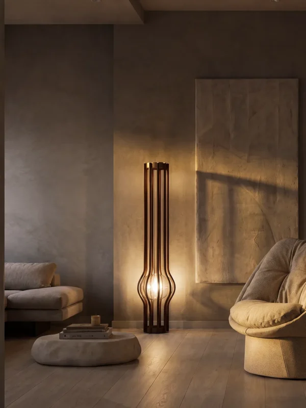 Zora walnut sculptural floor lamp illuminating a modern living room