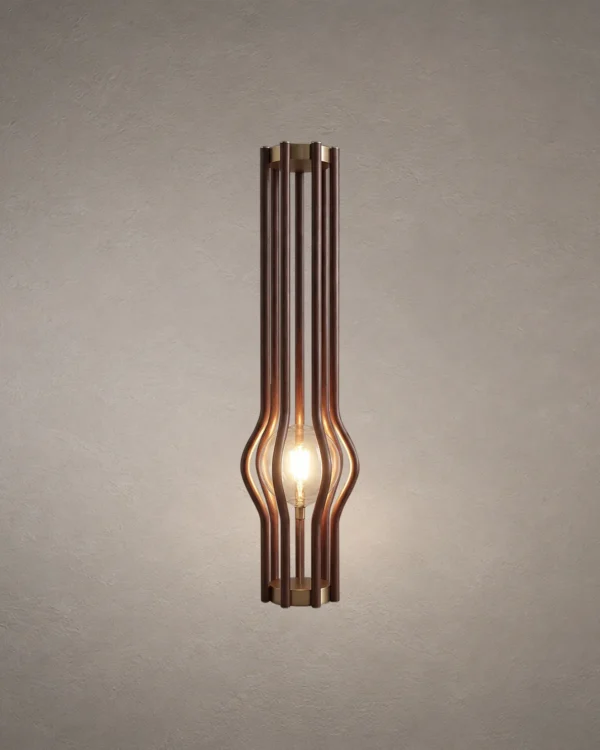 Zora walnut sculptural floor lamp with vertical slatted design and illuminated center