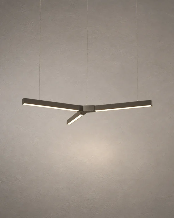 Zoya bronze LED pendant light with sculptural three-arm linear design