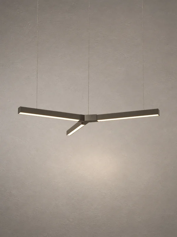 Zoya bronze LED pendant light with sculptural three-arm linear design