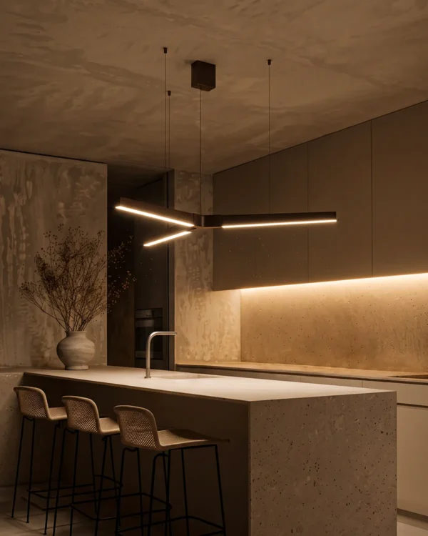Zoya bronze LED pendant light above a contemporary kitchen island
