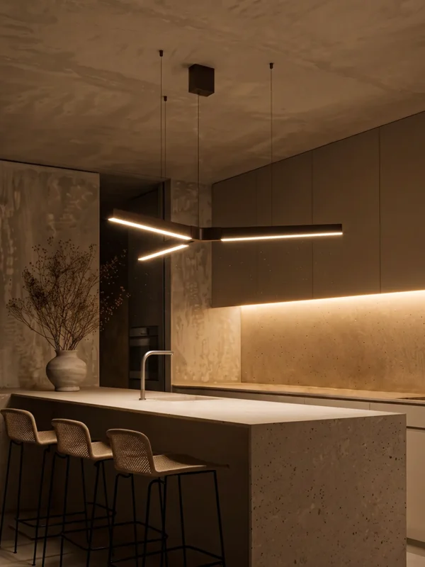 Zoya bronze LED pendant light above a contemporary kitchen island