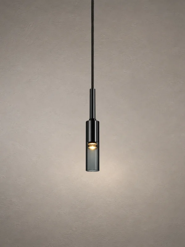 Abramo Smoky Glass Pendant Light Abramo modern cylindrical pendant light with a slim dark metal body and smoky glass shade