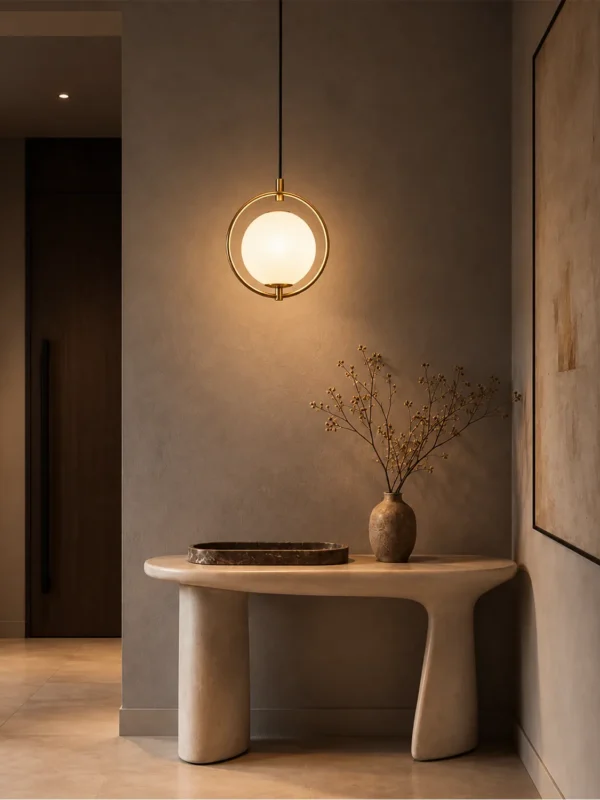 Abree decorative gold pendant light with a glowing white glass globe above a modern console table
