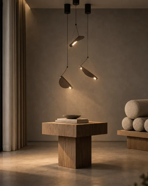 Aion three-light pendant arrangement suspended above a wooden side table in a contemporary interior