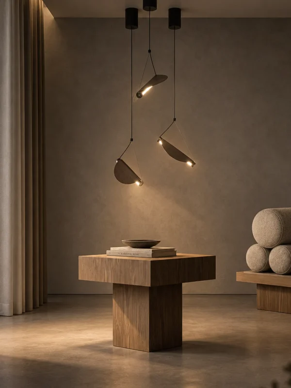 Aion three-light pendant arrangement suspended above a wooden side table in a contemporary interior