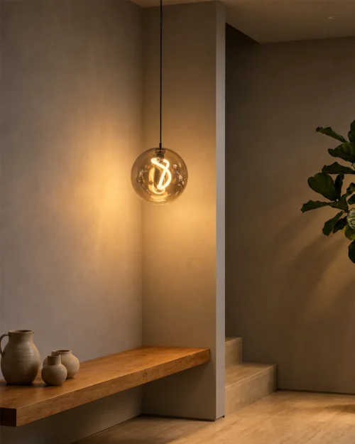 Akie amber glass pendant light illuminating a warm contemporary interior with wooden furnishings