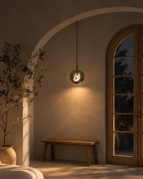 Akie glass pendant light providing warm illumination beside an arched window in a contemporary interior