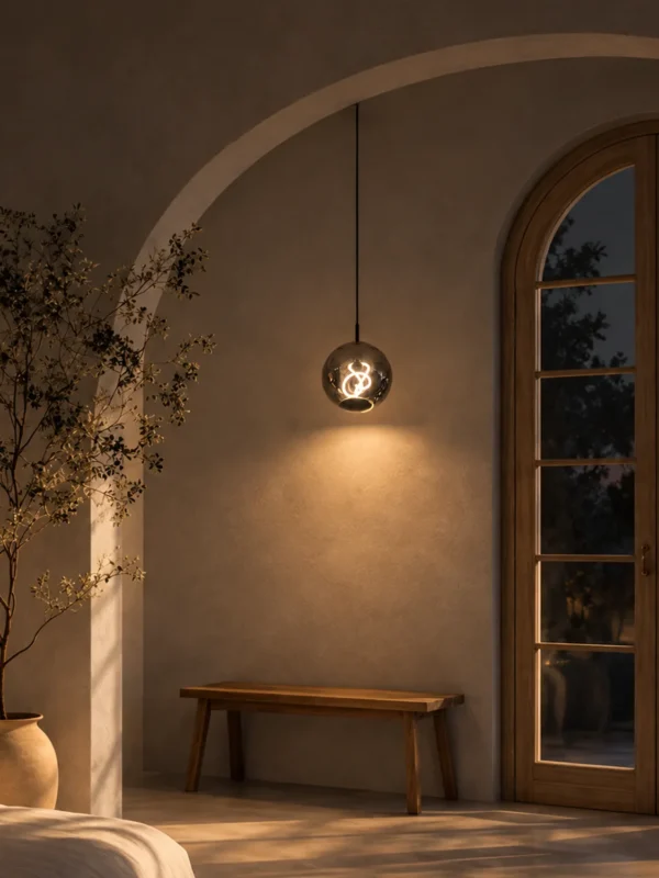 Akie glass pendant light providing warm illumination beside an arched window in a contemporary interior