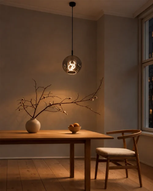 Akie spherical glass pendant light suspended above a wooden dining table in a modern interior