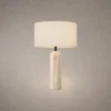 Albora Modern Sculptural Table Lamp Albora white table lamp with cylindrical fabric shade and elongated sculptural base