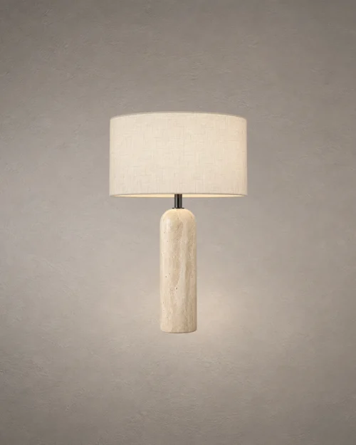 Albora Modern Sculptural Table Lamp Albora white table lamp with cylindrical fabric shade and elongated sculptural base