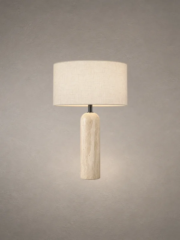 Albora Modern Sculptural Table Lamp Albora white table lamp with cylindrical fabric shade and elongated sculptural base