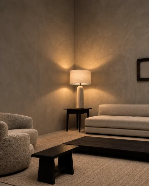 Albora Table Lamp Modern Living Room Albora white table lamp on a side table beside a contemporary sofa