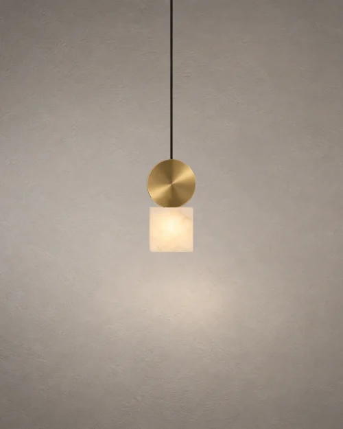 Alessandra Gold Marble Pendant Light Alessandra modern pendant light with a circular electroplated gold accent and illuminated square marble shade