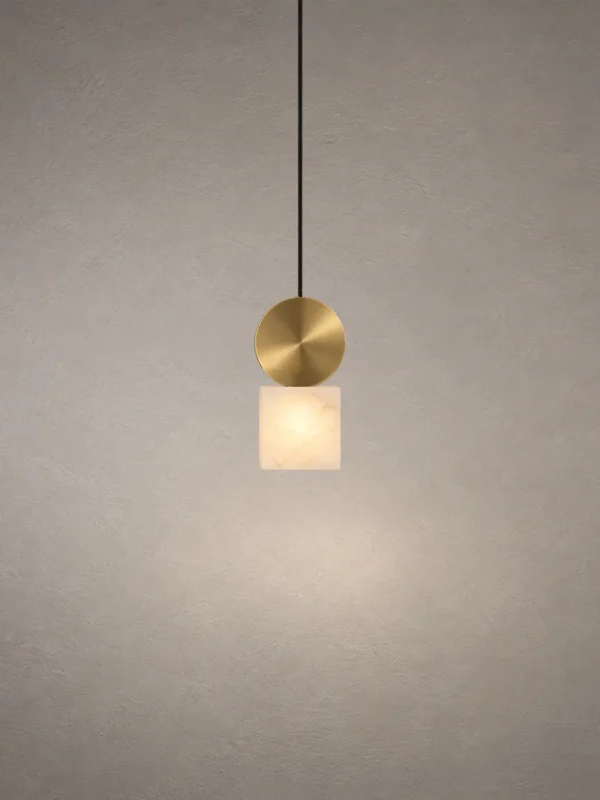Alessandra Gold Marble Pendant Light Alessandra modern pendant light with a circular electroplated gold accent and illuminated square marble shade