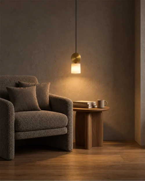 Alessandra Gold Pendant Light Living Room Alessandra gold and marble pendant light illuminating a modern living room seating area