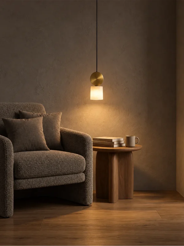 Alessandra gold and marble pendant light illuminating a modern living room seating area