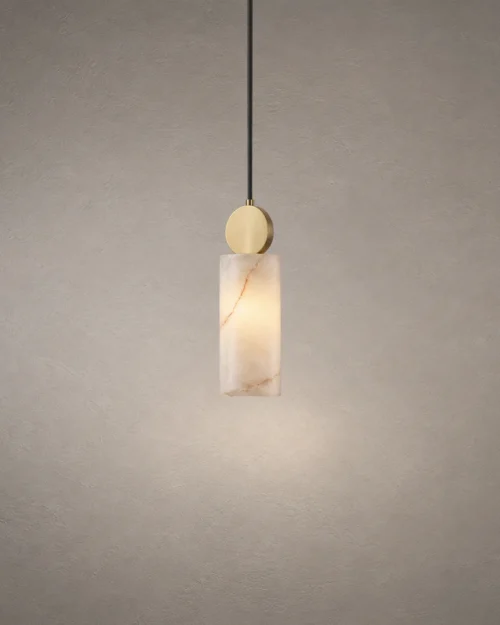 Alexandra Marble Pendant Light Copper Alexandra modern pendant light featuring a cylindrical marble shade and copper-finished circular accent
