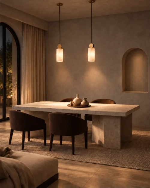 Alexandra Marble Pendant Light Dining Room Two Alexandra marble pendant lights suspended above a contemporary dining table