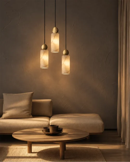 Alexandra Pendant Light Modern Living Room Three Alexandra marble pendant lights arranged at different heights in a modern living room