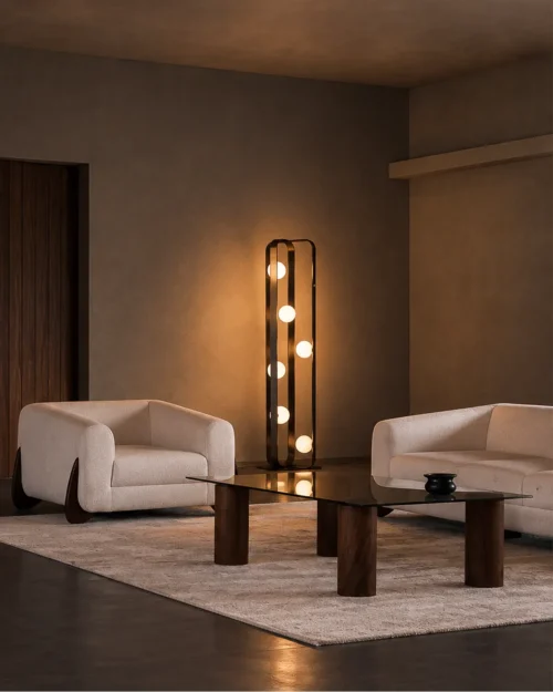 Alister sculptural floor lamp with glowing glass spheres in a contemporary living room