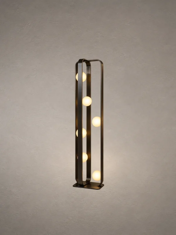 Alister brushed black floor lamp with six illuminated glass spheres and a tall open-frame design