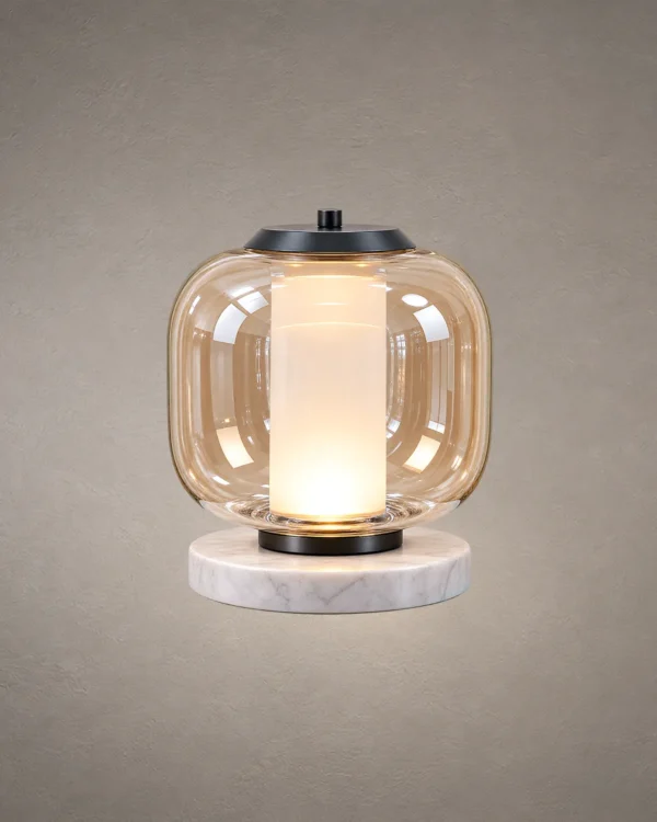 Alvero Cognac table lamp with rounded glass body and illuminated center