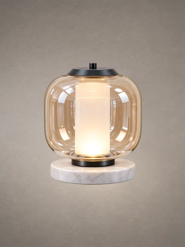 Alvero Cognac table lamp with rounded glass body and illuminated center