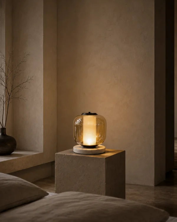 Alvero Cognac table lamp displayed in a contemporary bedroom