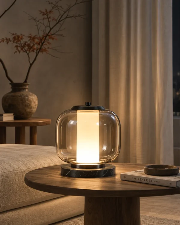 Alvero Smokey Grey table lamp with illuminated cylindrical center in a contemporary interior