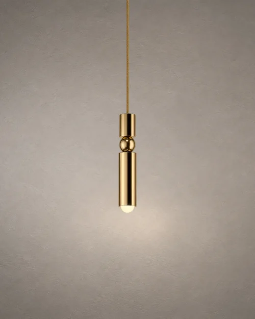 Amalea Gold Cylindrical Pendant Light Amalea minimalist gold pendant light with a slender cylindrical body and illuminated acrylic diffuser