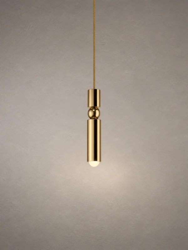 Amalea Gold Cylindrical Pendant Light Amalea minimalist gold pendant light with a slender cylindrical body and illuminated acrylic diffuser