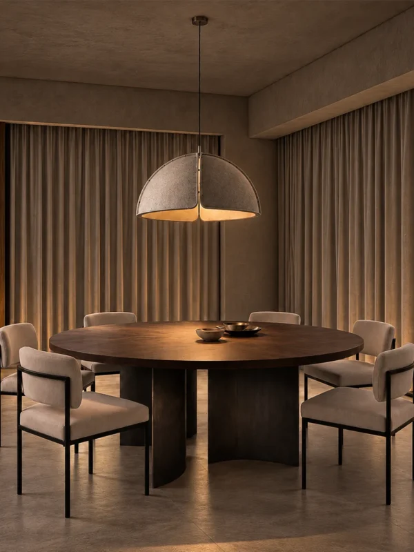 Amana grey dome pendant light suspended above a round wooden dining table