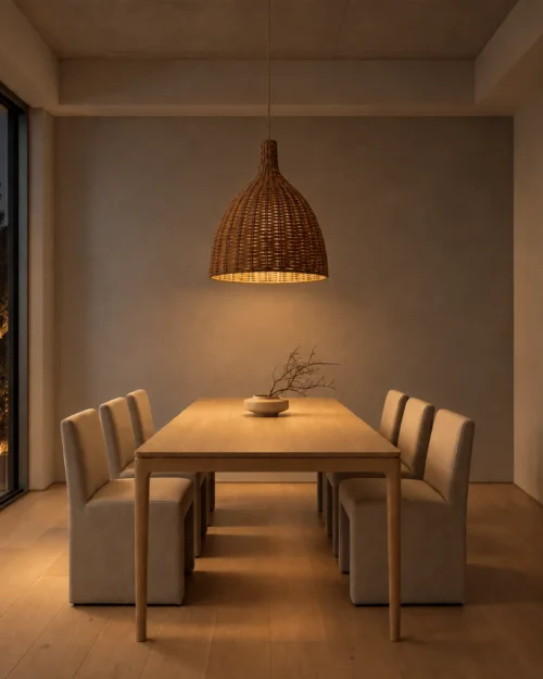 Amaya Brown Rattan Pendant Light Dining Room Amaya brown rattan pendant light with a woven bell-shaped shade above a contemporary dining table