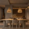 Amaya Natural Rattan Pendant Lights Kitchen Two Amaya woven rattan pendant lights suspended above a modern kitchen island