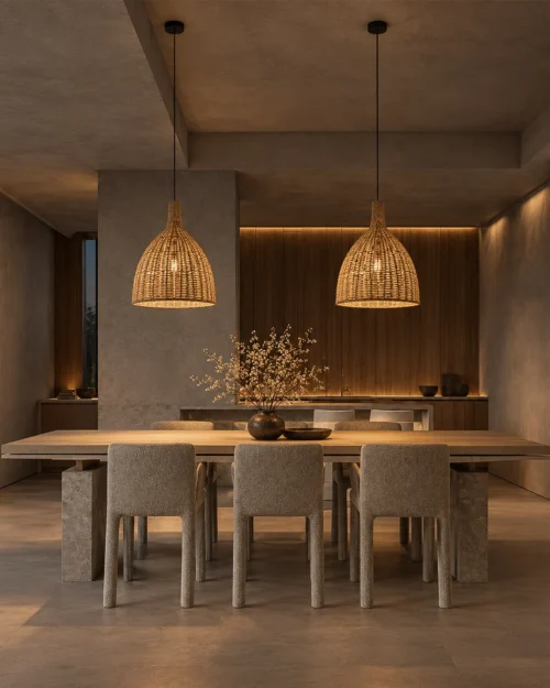 Amaya Natural Rattan Pendant Lights Kitchen Two Amaya woven rattan pendant lights suspended above a modern kitchen island