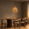 Amaya Rattan Pendant Light Dining Room Amaya natural rattan pendant light suspended above a wooden dining table in a contemporary interior