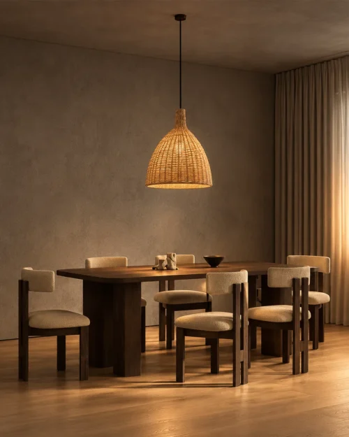 Amaya Rattan Pendant Light Dining Room Amaya natural rattan pendant light suspended above a wooden dining table in a contemporary interior
