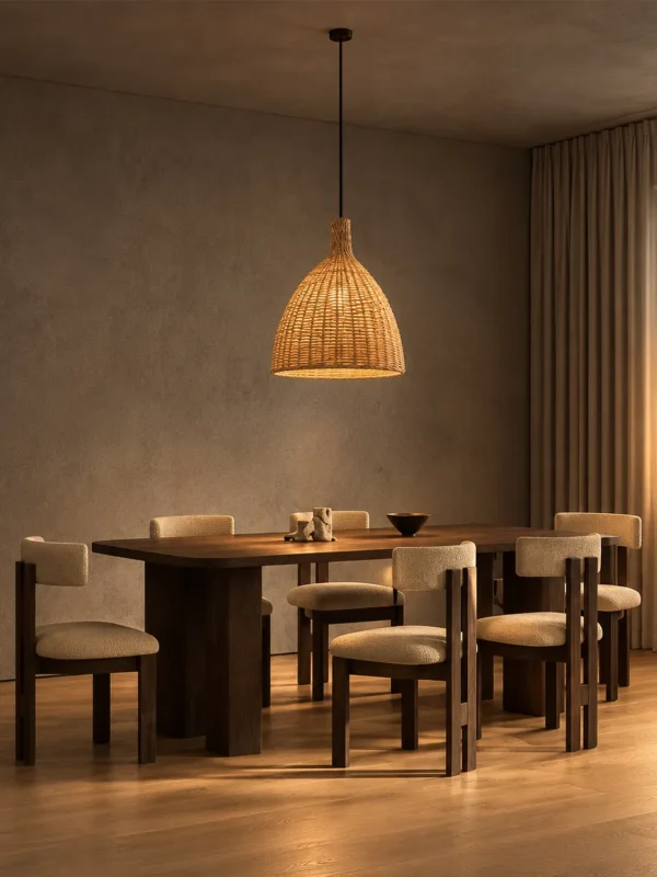 Amaya natural rattan pendant light suspended above a wooden dining table in a contemporary interior