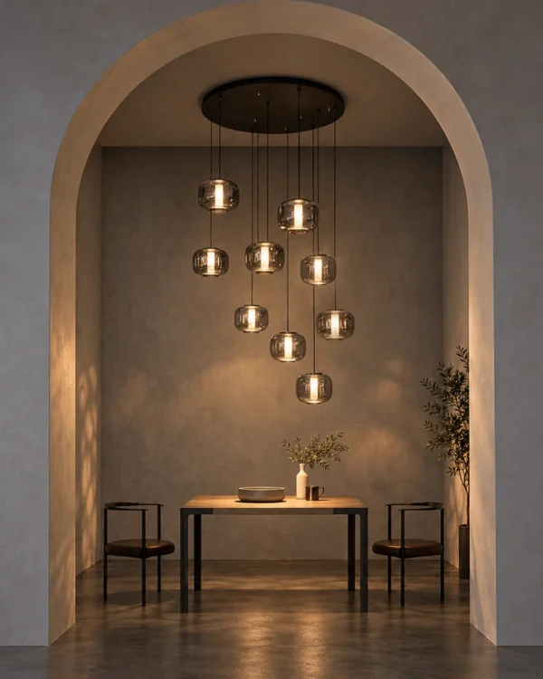 Aspen 9 Round Chandelier with suspended Smokey Grey glass pendants above a dining area